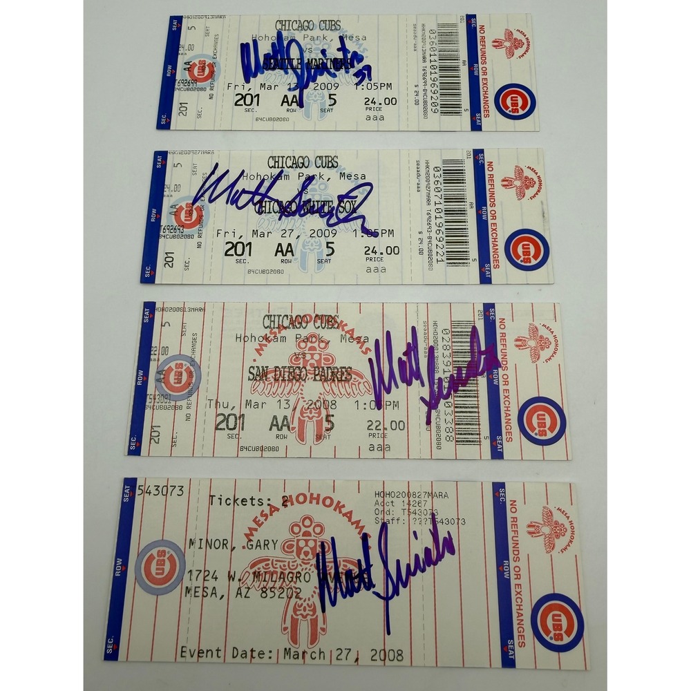 4 Matt Sinatro Signed Chicago Cubs Spring Training Tickets 2008-09 Hohokam Park